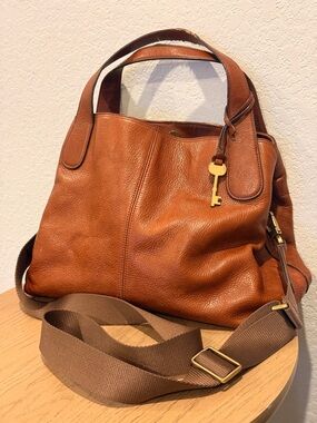 Fossil Cognac Pebbled Leather Shoulder Bag with Gold Key Charm